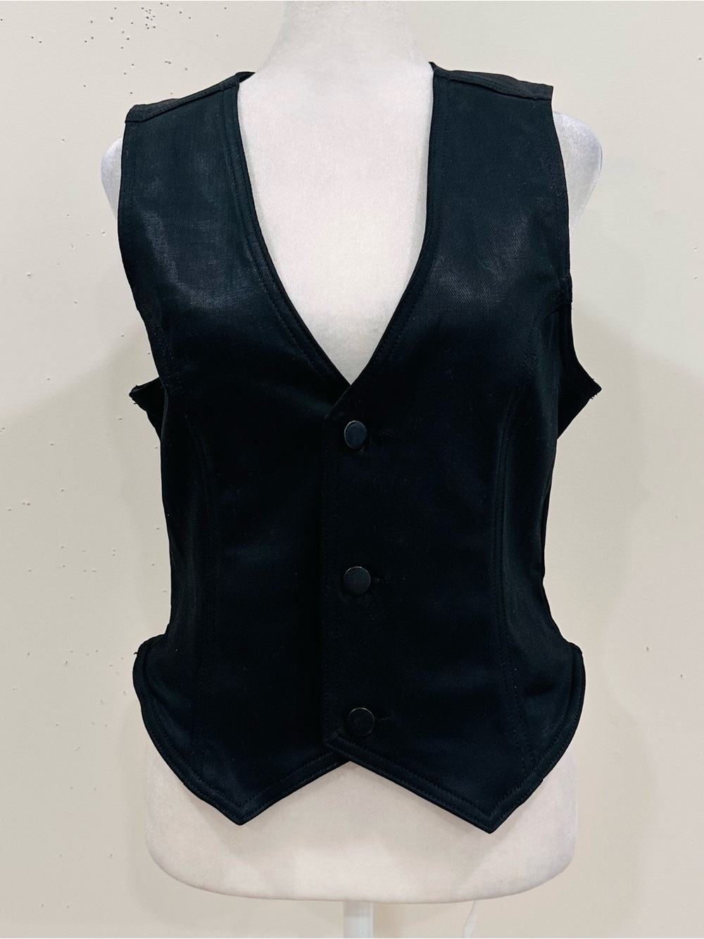 DL1961 Coated Denim Vest Womens Size S Black Button Up Waistcoat Premium V-Neck